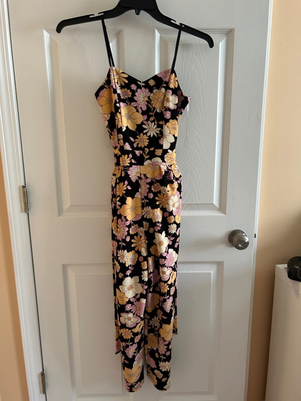 Emerald Sundae Black Floral Spaghetti-Strap Romper with Pink & Yellow Flowers